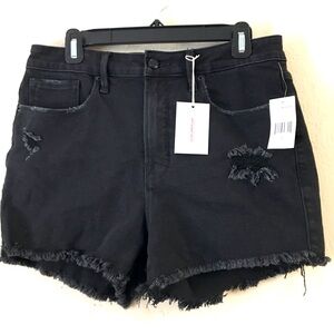 Good American Cut Off Jean Shorts 12 Black Distressed Stretch Festival Beach NEW